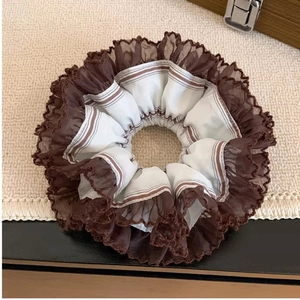 Chouchou Français Vintage en Dentelle Rayée Double Couche en Tissu Anneau de Cheveux Style Mori Girl Accessoire Quotidien Femme