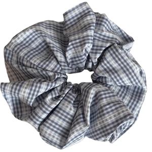 Blue and white plaid oversized scrunchie with detailed embroidery and pleated fabric