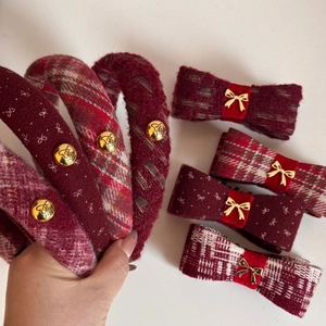 Elegant wine red tweed bow banana hair clips and headbands with gold metallic accents