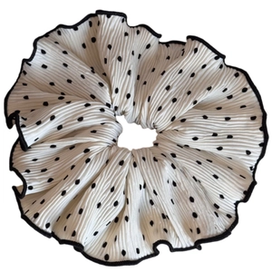 Polka dot pleated oversized scrunchie hair tie with black ruffles and elastic fabric