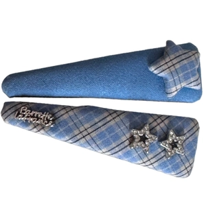 Blue fabric plaid hair clips set with star charms and vintage French style lettering