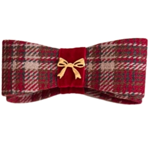 Elegant red plaid tartan bow hair clip with velvet center and gold butterfly metal detail