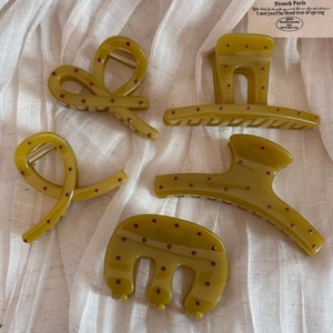 Five-piece French retro hair claw set with mustard green resin and red polka dots