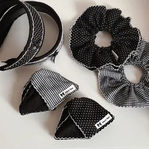 Handmade Black And White Polka Dot Checkered Hair Scrunchie Headband Hair Claw Clip Lace Edge Hair Accessories For Women