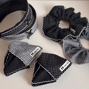Vintage black and white polka dot and plaid hair accessories with lace edges