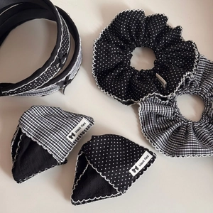 Chic black and white polka dot and plaid hair accessory set with wave-edge stitching