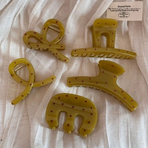 5-piece French vintage olive green hair claws set with red polka dots on linen fabric