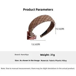 Brown plaid headband with handmade fabric texture measuring 15.5cm x 13.5cm and 31g