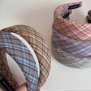 Korean Style Vintage Plaid Fabric Wide Headband For Women Handmade High Top Hair Band Retro Casual Fashion Hair Accessories