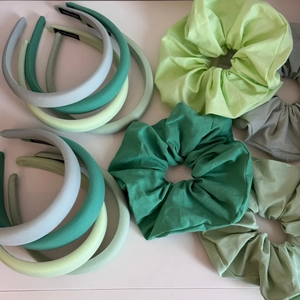 Green handmade padded headbands and scrunchies set in assorted spring fabric tones