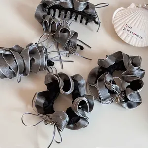 Vintage Grey Metallic Satin Ruffle Scrunchie With Bow Rhinestone Pendant Elegant Banana Clip Women Hair Accessories