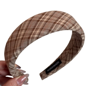 Classic brown plaid fabric headband with handmade label for elegant retro style look