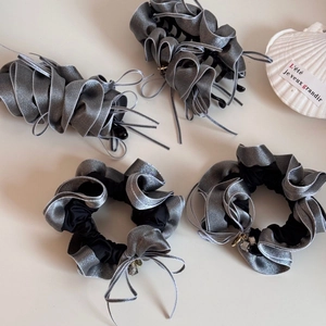 Silver satin ruffles scrunchie set with bow and rhinestones for elegant hairstyles