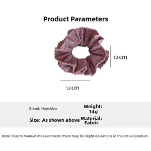 Pink checkered hair scrunchie details showing 12cm diameter and 14g lightweight fabric