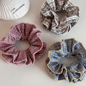 Korean Style Plaid Ruffle Scrunchies For Women Sweet Lace Trim Large Intestine Hair Rings Fabric Elastic Ponytail Holder Accessories