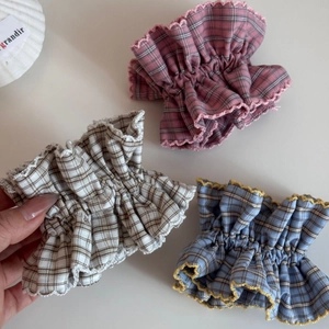 Three-color checkered ruffle scrunchies with wavy edges in pink beige and blue