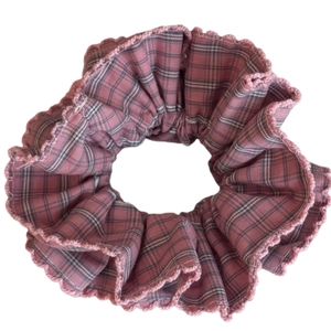 Pink plaid scrunchie with lace trim and wavy edges for women's casual hair styling