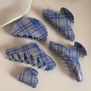 Five-piece blue plaid checkered hair claw clip set with elegant gold LIAMER branding