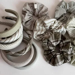 Ensemble Chouhouds et Bandeaux Cheveux en Tissu Vert Frais Style Coréen Fait à la Main à Carreaux Rayures Bijoux pour Femmes