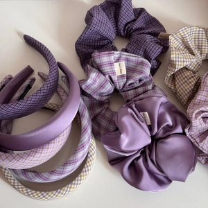 Elegant purple fabric scrunchies and headbands set with handmade woven labels