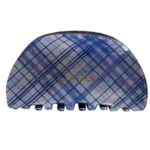 Elegant blue and white plaid semicircular hair claw clip with glossy finish and gold logo