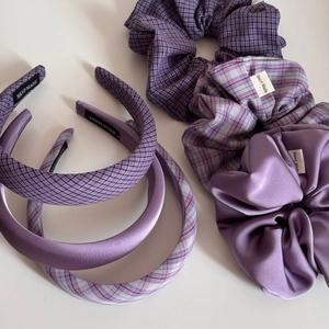 Handmade purple fabric scrunchies and headband set with satin and plaid textures