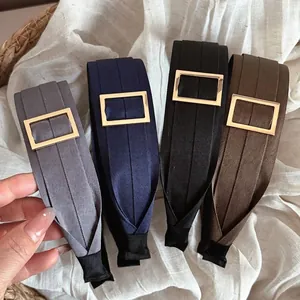 Retro Wide Pleated Headband With Square Metal Buckle Elegant Polyester Fabric Hair Band For Women Daily Styling Headwear