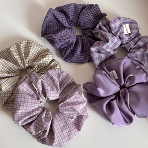 Set of 5 assorted fabric scrunchies in purple plaid and satin with Hand Made labels