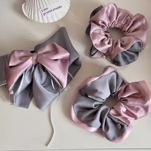 Elegant Satin Patchwork Scrunchies And Bow Hair Clip Grey Pink Hair Accessories With Faux Artificial Pearls For Women Daily Wear