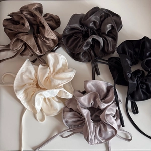 Detailed set of 5 premium satin scrunchies with long ribbons in assorted neutral colors