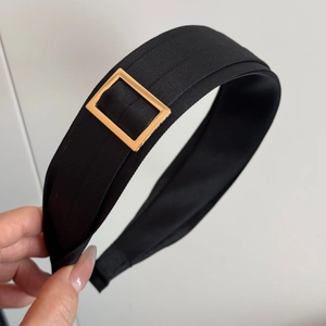 Retro black wide headband with fabric texture and gold metal buckle for women