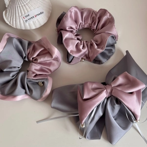 Elegant satin hair scrunchies and bow clip set in pink and grey for stylish women