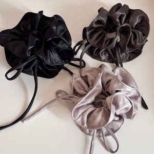 Three-piece set of large satin scrunchies with long ribbons in black and grey tones