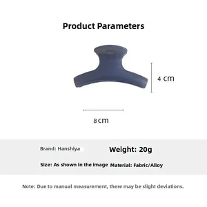 Detailed size chart for blue candy-colored hair claw clip with alloy spring and cloth material