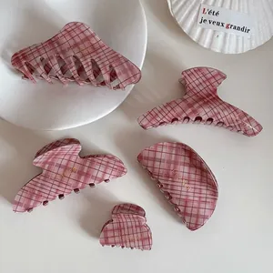 Elegant Pink Plaid Hair Claw Clip Acetate Resin Checkered Shark Clip Sweet Korean Style Hair Accessories For Women Daily