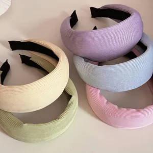 Serre-tête Large en Tissu Côtelé Couleur Bonbon pour Femmes Rembourré Éponge Serre-tête Rayé Tricoté Accessoires Cheveux Mode