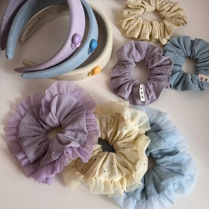 Polka dot lace scrunchies and headbands set in purple, yellow and blue colors