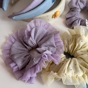 Pastel polka dot lace scrunchies and headband set with ruffle edge and button detail