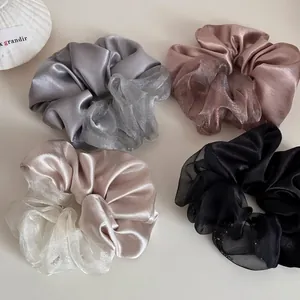 Elegante Satijn Organza Kleurblok Scrunchies Glimmer Strass Grote Elastische Haarelastiekjes Voor Vrouwen Dagelijks
