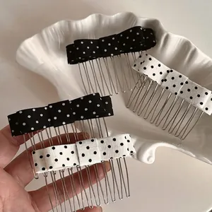 Vintage Polka Dot Bow Hair Comb Sweet Fabric Ribbon Bowknot Hair Clip Alloy Insertion Comb Daily Hair Accessories For Women