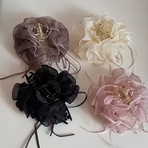 Pince à Cheveux Élégante en Organza Plissé Fleur en Maille pour Femmes Pince Requin Florale Romantique Glands en Ruban Accessoires
