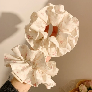 Pink floral scrunchies with sweet bow patterns and handmade tag for girls