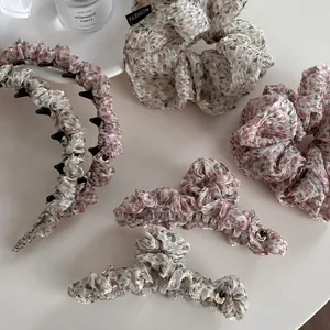 Pastoral Floral Fabric Hair Claw Clip Handmade Chiffon Bow Hair Accessories Elegant Sweet Pattern Headband Scrunchie For Women