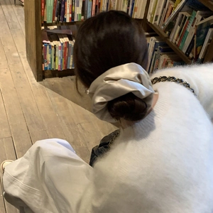 Großaufnahme eines champagnerfarbenen Satin-Haargummis auf einem Dutt in einer Bibliothek