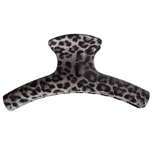 Fashionable leopard print hair claw clip in dark grey finish on white background