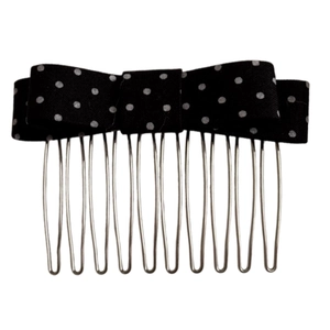 Vintage black and white polka dot bow hair comb with 10 silver metal teeth for women