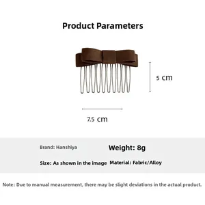 Brown fabric bow hair side comb detail with size 7.5cm x 5cm and 8g weight specs