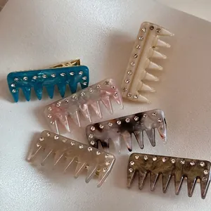 Vintage Acetate Rhinestone Hair Comb Clips Sweet Marble Pattern Side Bangs Clip For Women French Fashion Hair Accessories Jewelry