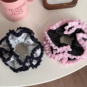 Polka Dot Pleated Chiffon Scrunchies For Women Sweet Ruffle Hair Ties Vintage Large Bowknot Style Hair Rings Hair Accessories