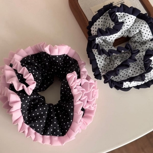 Polka dot lace scrunchies in black and white chiffon with pleated ruffles